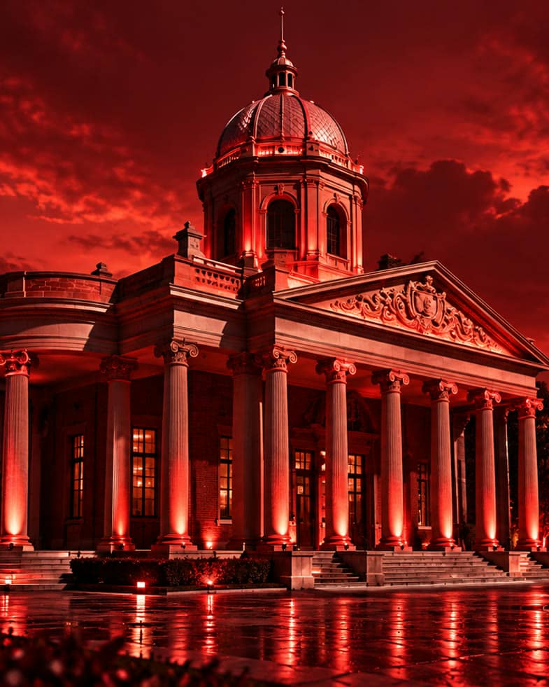 The Raadsaal in Bloemfontein lit red at night, its columns reflected in wet paving