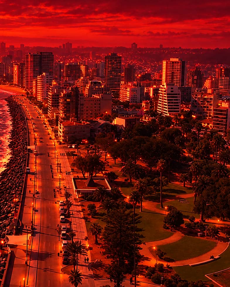 Aerial view of the Durban beachfront at sunset along the Golden Mile and the Indian Ocean