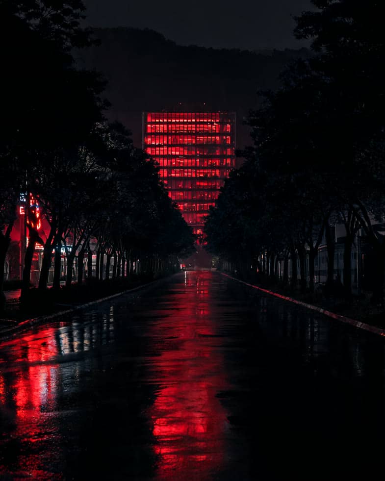 Pretoria landmark building glowing red at the end of a rain-slicked, tree-lined avenue at night