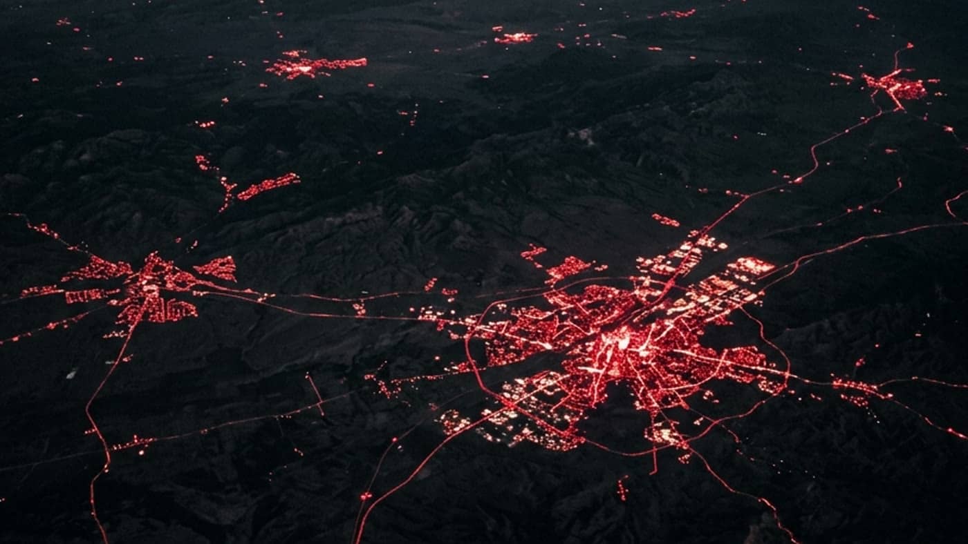 Aerial night view of South African city lights across the country